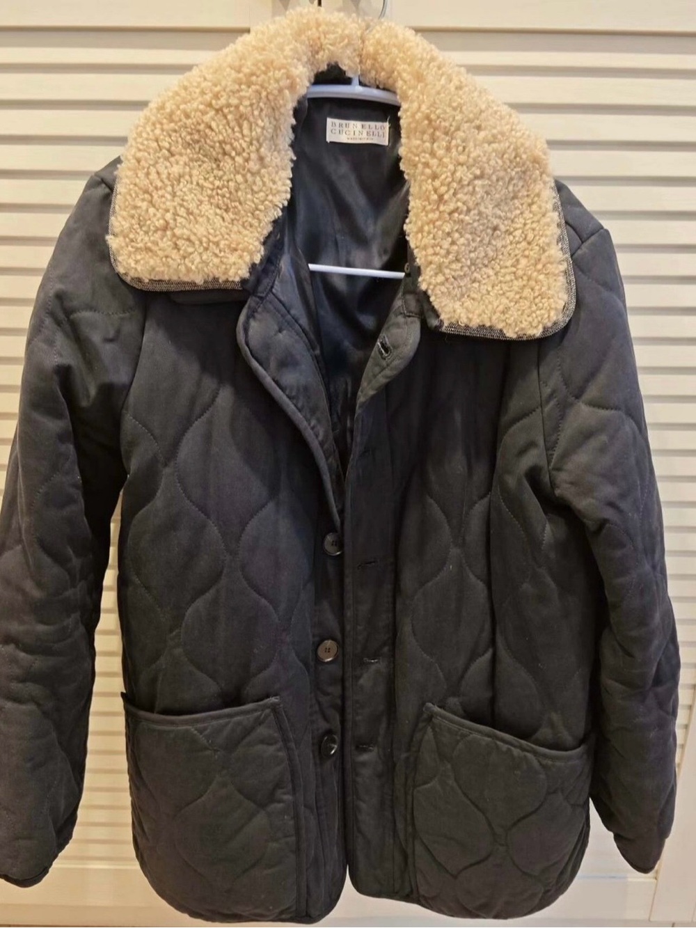Brunello Cucinelli Quilted Black Jacket with Cream Shearling Collar